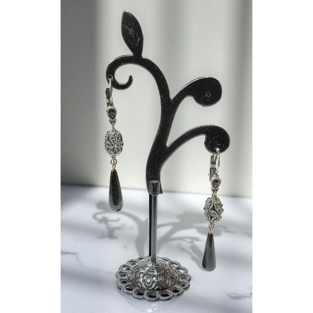 Vintage Silver Tone intricate design Rinestone Barrel,Black Acrylic Teardrop Dan